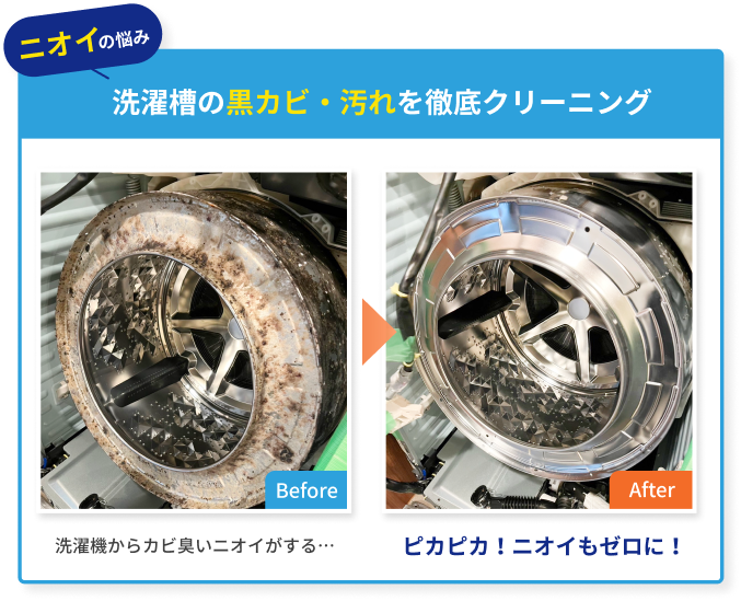 洗濯槽の黒カビ洗浄ビフォーアフター｜カビ臭改善・汚れ除去の実例